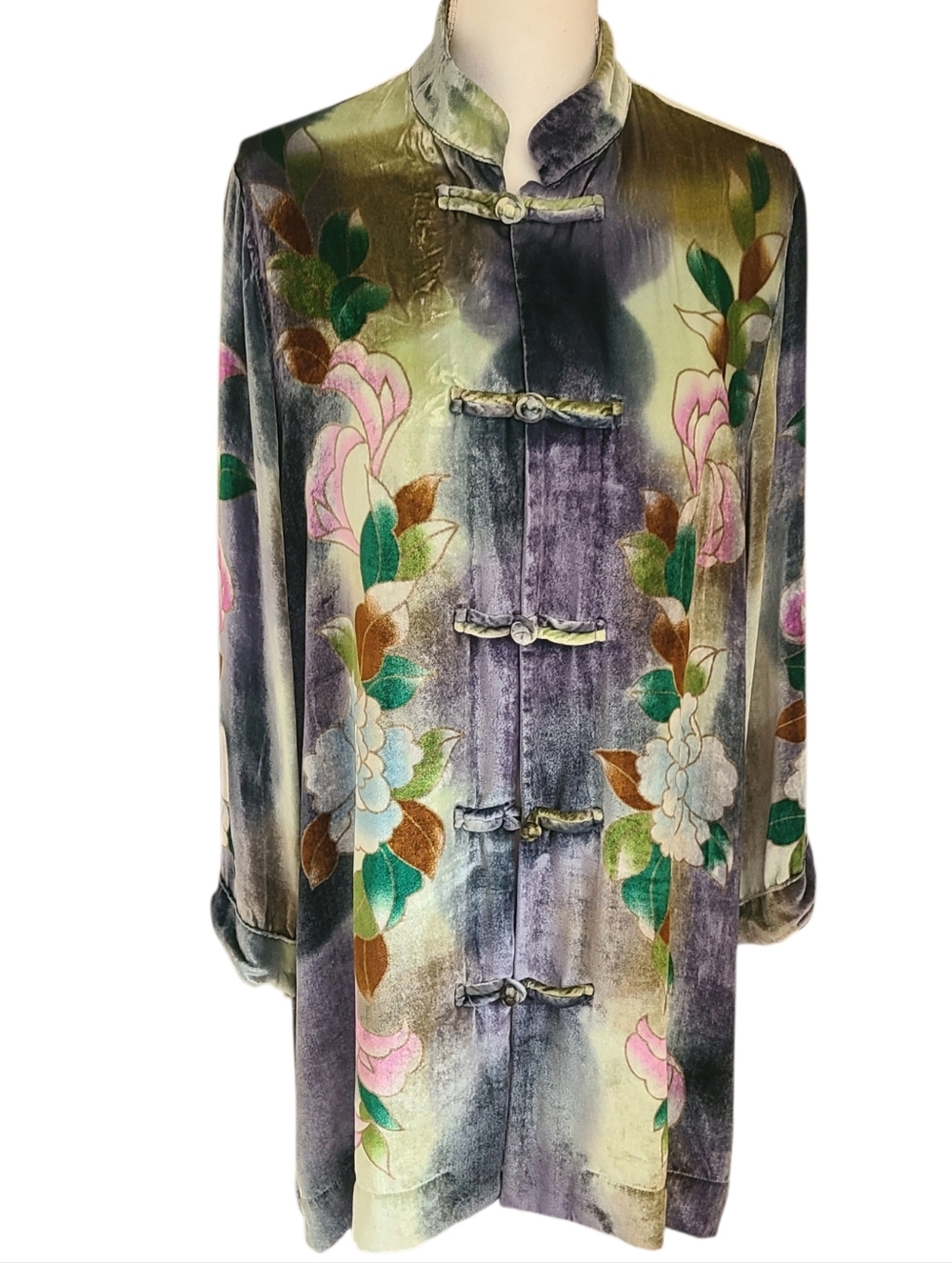 soft surroundings velvet floral mandarin collar button front jacket size L